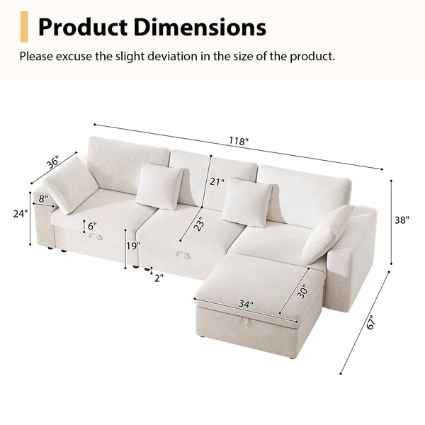 English Elm 118" Oversized Velvet Cloud Sectional with Storage Ottoman and Removable Pillows W3716S00013