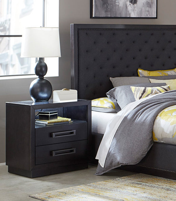 English Elm Modern Larchmont Nightstand with LED Undershelf Light, Glass Top, USB Power Strip, Charcoal Finish B011P201586