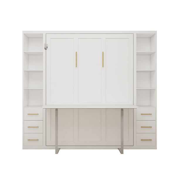 English Elm Desk Murphy Wall Bed Queen with Side Storage Cabinets for Home Office Study W5290S00006