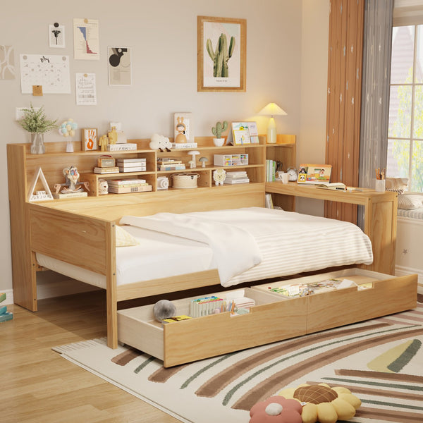 English Elm Wooden Twin Daybed with Trundle Built-in Desk and Open Shelves for Kids Rooms N733S373381M