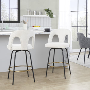 English Elm Fixed-height Swivel Counterstools with White Upholstery Gold Footrest Set of 2 B202S01784