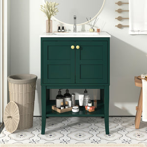 English Elm 24'' Retro Green Bathroom Vanity with Glossy Resin Basin, Solid Wood Feet, Soft-Close Doors, Ample Storage, Metal Handles (Modern) WF324870AAF