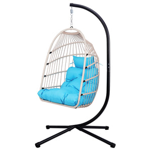 English Elm Foldable Hanging Egg Chair with Stand Pillow, HDPE Wicker, Rust‑Resistant Frame, Cushioned Headrest, 350lb Capacity Blue W2500P369700