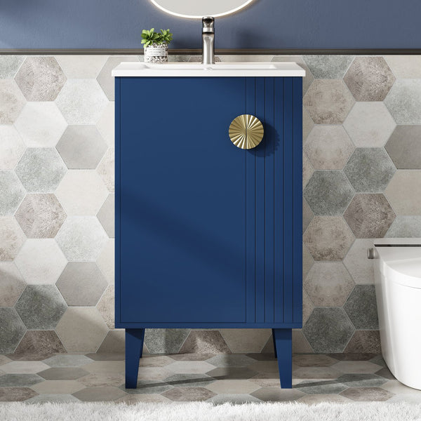 English Elm 20-inch French Style Bathroom Vanity with Integrated Ceramic Sink, Carved Accents & Soft-Close Door Blue N710P330971C