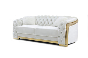 English Elm Lexi Plush Velvet Sofa with Button Tufting and Diamond Quilted Exterior, Welted Cushions & Throw Pillows Ivory 35 L x 30 W x 91 H B078P301021