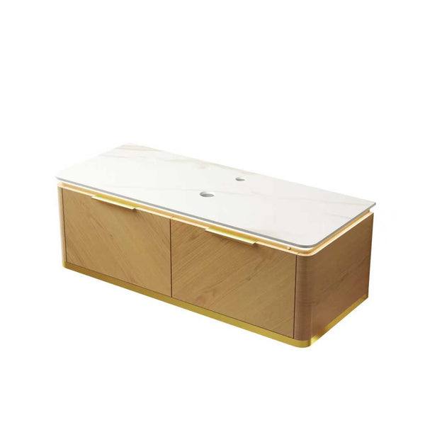 English Elm 48" Sintered Stone Countertop Vanity Base Brown Oak Cabinet Brushed Gold Handles W2615P330753
