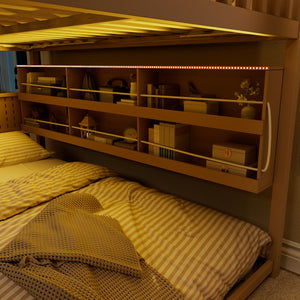 English Elm Full Over Bunk Bed with Led Lighting Pegboard Shelving and Pine Wood Frame Beige LT000278AAA