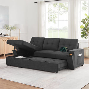 English Elm Toby Woven Fabric Sleeper Sectional with Storage Chaise Usb Ports and Coil Support Black B061S00955