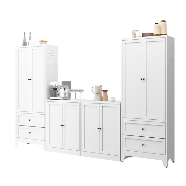 English Elm 72 White Steel Pantry Cabinet with 2 Drawers, Adjustable Shelves, Anti-Tip, Ventilated Durable Organizer T2398P350190