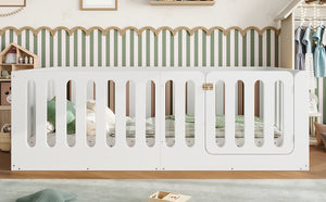 English Elm Twin Solid Pine Montessori Floor Bed with House Frame Door and Safety Fence Light White W5305P420632
