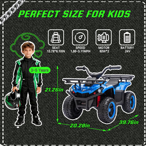 English Elm 24v Dual Motor Kids Atv Ride on with Led Lights Bluetooth Storage Racks Off Road Blue W1578P390449
