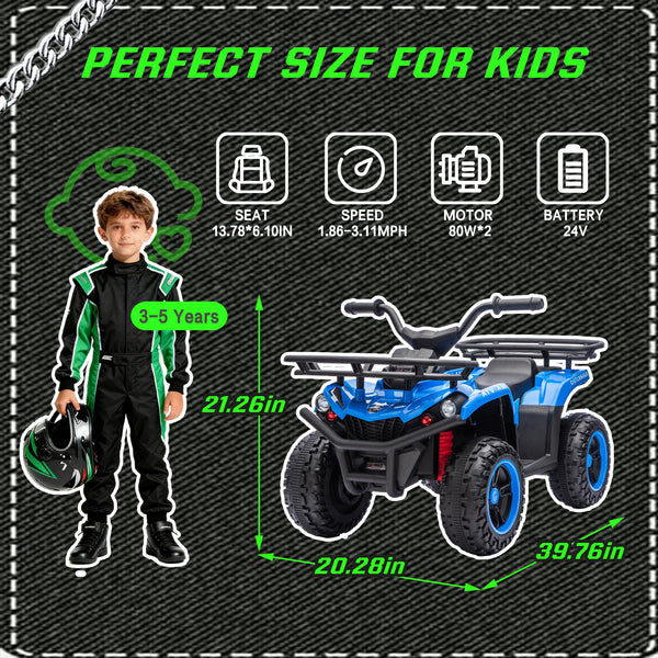 English Elm 24v Dual Motor Kids Atv Ride on with Led Lights Bluetooth Storage Racks Off Road Blue W1578P390449