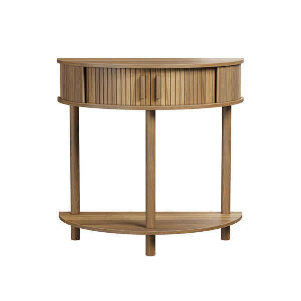 English Elm 31.5-inch Half Moon Grooved Walnut Console Farmhouse Entryway Table with Open Shelving W1706P447027