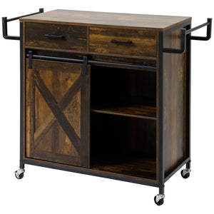 English Elm HOMCOM Rustic Brown Industrial Kitchen Cart with Rolling Wheels, Adjustable Shelf, Drawers & Barn Door Storage W2225P217417