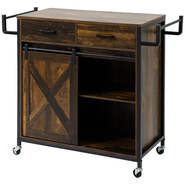 English Elm HOMCOM Rustic Brown Industrial Kitchen Cart with Rolling Wheels, Adjustable Shelf, Drawers & Barn Door Storage W2225P217417