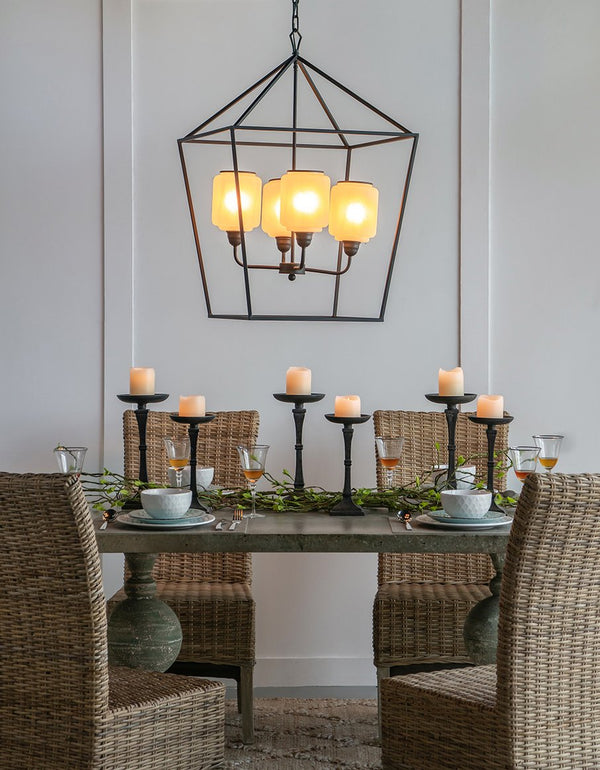 English Elm 21.7x21.7x33.5 Matte Black Iron Chandelier Square Glass Industrial Dining Foyer Light W2078P411228