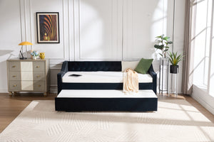 English Elm Twin Velvet Daybed with Pull Out Trundle Tufted Back Usb Port and Side Pockets Black W1361S00039