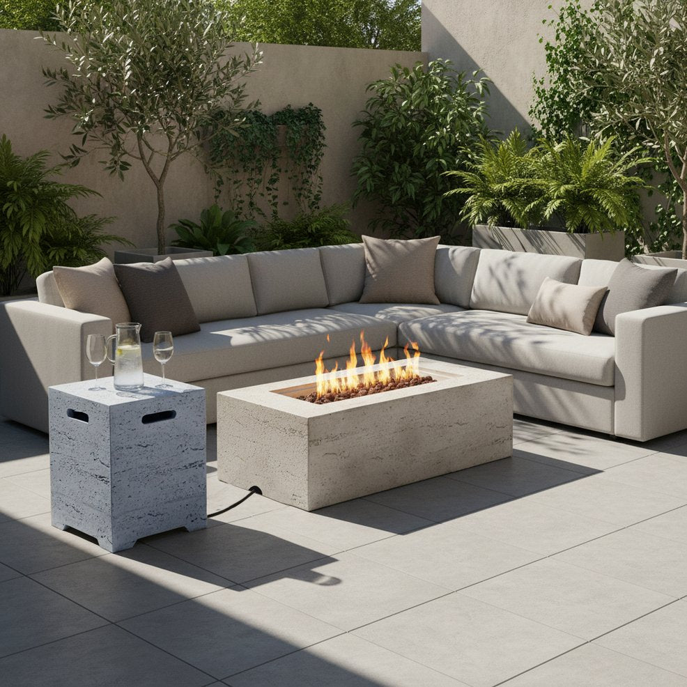 English Elm U_style Rectangular Mgo Outdoor Fire Pit Set with Propane Tank Cover Table 40000 Btu WY000500AAD