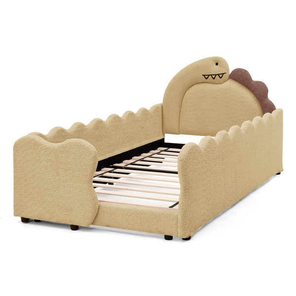 English Elm Twin Dinosaur Boucle Upholstered Kids Bed Solid Wood Frame with Padded Safety Rails Yellow W1413P384916