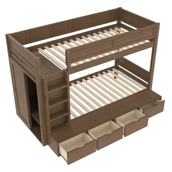 English Elm Twin Triple Bunk Bed Metal L-shaped Frame Sleeps Three Kids White Finish Brown W1580S00644