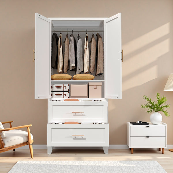English Elm 71" Tall Metal Wardrobe Cabinet with 2 Drawers, Adjustable Shelf & Hanging Rod — Space-Saving White Closet Organizer W3387P351602