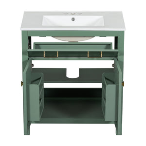 English Elm 30-inch Modern Bathroom Vanity with Ceramic Sink, Gold Accents, Solid Wood Frame, Soft-Close Doors and Ample Storage Green WF324045AAF