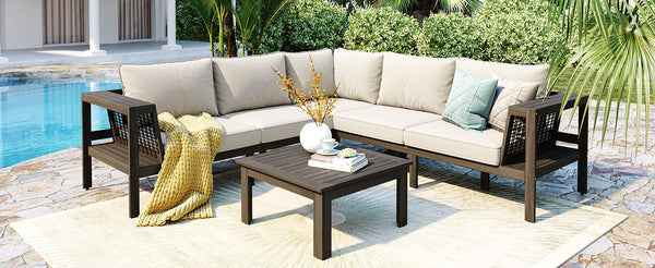English Elm GO 4 Pieces Outdoor Acacia Wood Sofa Set with Removable Cushions, Woven Armrests & Coffee Table Beige,Grayish Brown N704G201249A