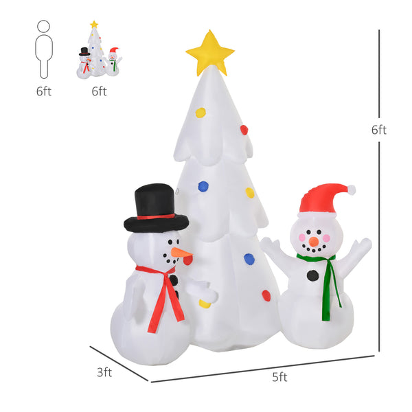 English Elm HOMCOM Inflatable 6ft Snowman with Christmas Tree Lawn Decor, Bright LED Lights and Wind Stakes White W2225P249951