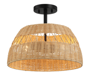 English Elm Ashcroft Furniture - Twinkle Double Lights Semi Flush With Rattan Shade Black Metal Finish For Farmhouse Style