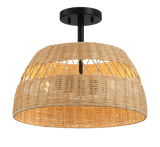 Ashcroft Furniture Twinkle Double Lights Semi Flush, Rattan Shade, Black Metal Finish