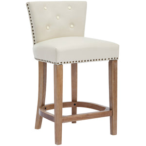 English Elm Bar Stools Set Of 2 - 26" Beige Leather & Wood Stools For Home, Kitchen, And Cafe Comfort W2195P314867