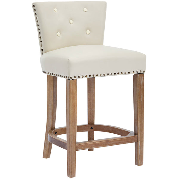 English Elm Bar Stools Set Of 2 - 26" Beige Leather & Wood Stools For Home, Kitchen, And Cafe Comfort W2195P314867