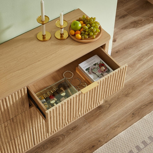 English Elm 6 Drawers Dresser Stylish 55" Wide Curved Wave Chest with Ample Storage, Sturdy Top for TV Use Oak W1820P324617