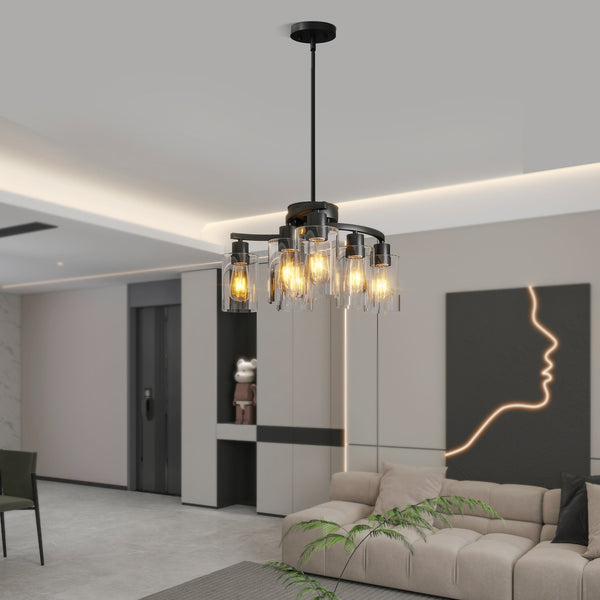 English Elm 6-Light Modern Farmhouse Iron Chandelier with Clear Glass Shades, Adjustable Height Dining Fixture Black W2312P374984