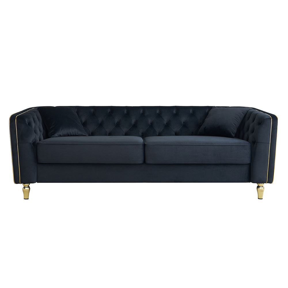 English Elm 87.01"W Modern Tufted Velvet Sofa with Gold Metal Legs, Stylish Accent Seating for Living Room Black W579S00040