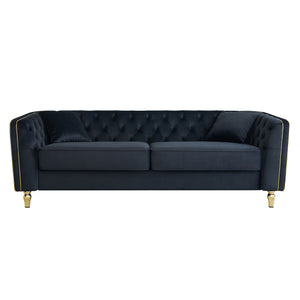 English Elm 87.01"W Modern Tufted Velvet Sofa with Gold Metal Legs, Stylish Accent Seating for Living Room Black W579S00040