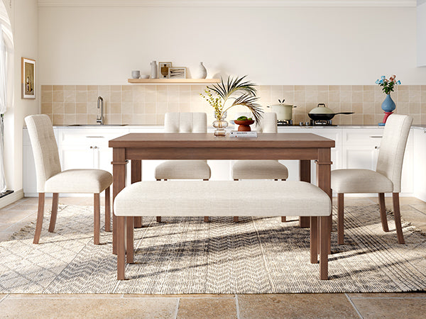 English Elm 6-piece Rectangular Dining Set with Wood Grain Table Four Upholstered Chairs and Bench Walnut N752S000012D