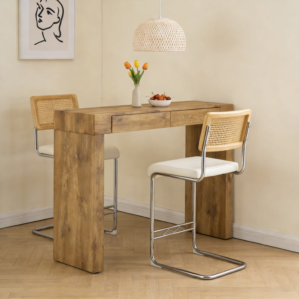 English Elm 2-piece Counter Height Bar Set with Wood Grain Table Pu Leather Stools and Storage Drawers W2920S00105