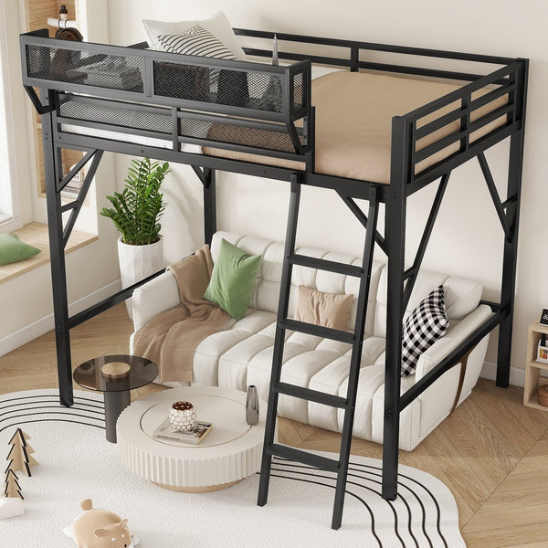 English Elm Full Size Loft Bed with Ladder & Built-In Shelves, Sturdy Metal High Loft for Kids Teens Black W2580P316646