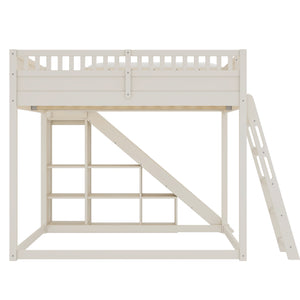 English Elm Queen Loft Bed with Upholstered Headboard Built-in Slide and Open Storage Shelves Beige W1580S00640