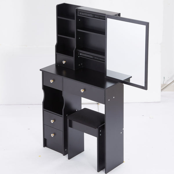 English Elm 29.2" Stylish Compact Desktop Vanity Set With Cushioned Stool & Extra-Large Sliding Mirror, Ideal For Small Spaces W936P226017