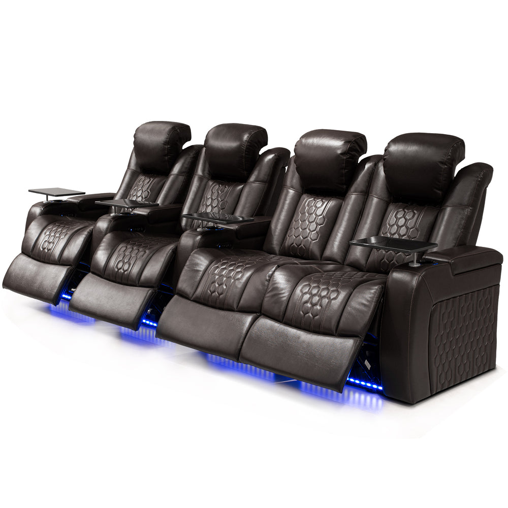 English Elm 124.4"power Reclining Sectional Nappa Leather Home Theater Rgb Led 4 Seat W3819S00105