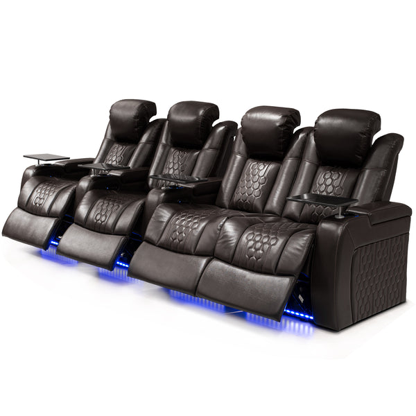 English Elm 124.4"power Reclining Sectional Nappa Leather Home Theater Rgb Led 4 Seat W3819S00105