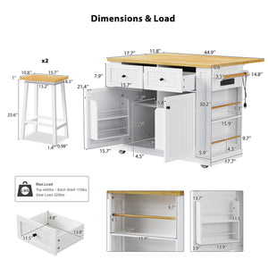 English Elm K&K 48in Kitchen Island Set with 2 Stools, Built-In Power Station, Drop Leaf & Ample Storage Space White N707S000015W