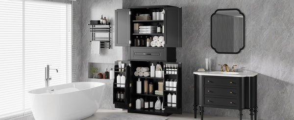 English Elm [video] Tall Matte Black Bathroom Cabinet with Drawer Adjustable Shelves and Door Racks N759P241667B