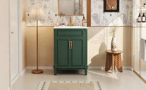 English Elm 24'' Bathroom Vanity with Sink - Solid Wood Frame, Glossy Ceramic Basin, Soft-Close Doors & Ample Storage Elegant Modern Design, Durable MDF Construction, Retro Metal Handles, Compact 24-inch Cabinet Green N710P317675F