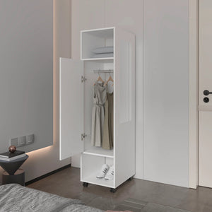 English Elm White 1-Door Wardrobe with Mirror, Melamine Finish, Slim Open Shelves & Concealed Storage for Chic Organization B062P227644