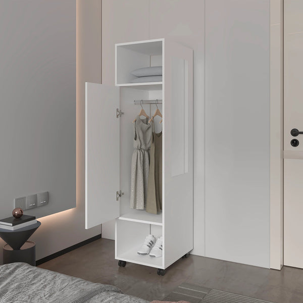 English Elm White 1-Door Wardrobe with Mirror, Melamine Finish, Slim Open Shelves & Concealed Storage for Chic Organization B062P227644