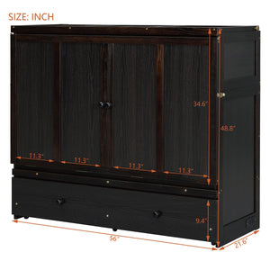 English Elm Full Size Wall Murphy Bed Cabinet with Storage Drawer and Built-in Usb Charging Espresso N708P205903P