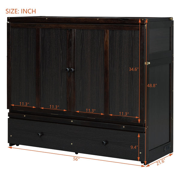 English Elm Full Size Wall Murphy Bed Cabinet with Storage Drawer and Built-in Usb Charging Espresso N708P205903P